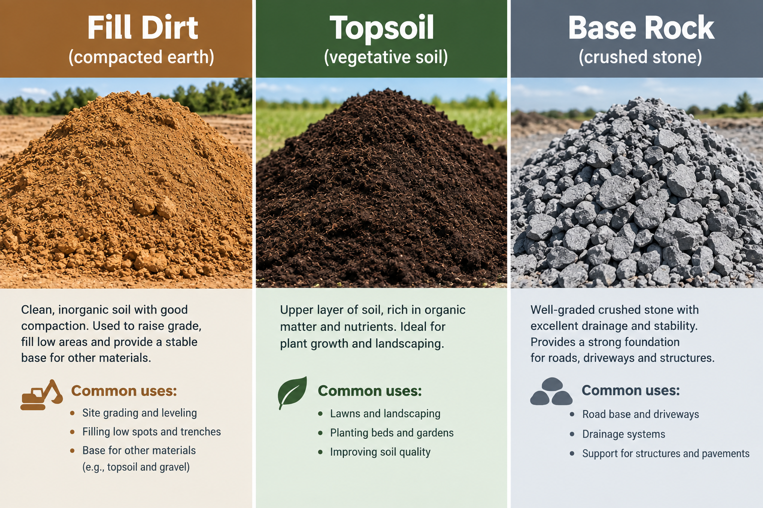 Side-by-side comparison of fill dirt, topsoil, and base rock piles Side-by-side comparison of fill dirt, topsoil, and base rock piles