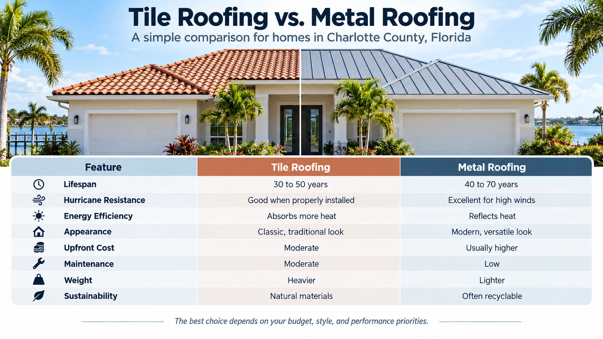Tile roofing versus metal roofing comparison chart for homes in Charlotte County, Florida