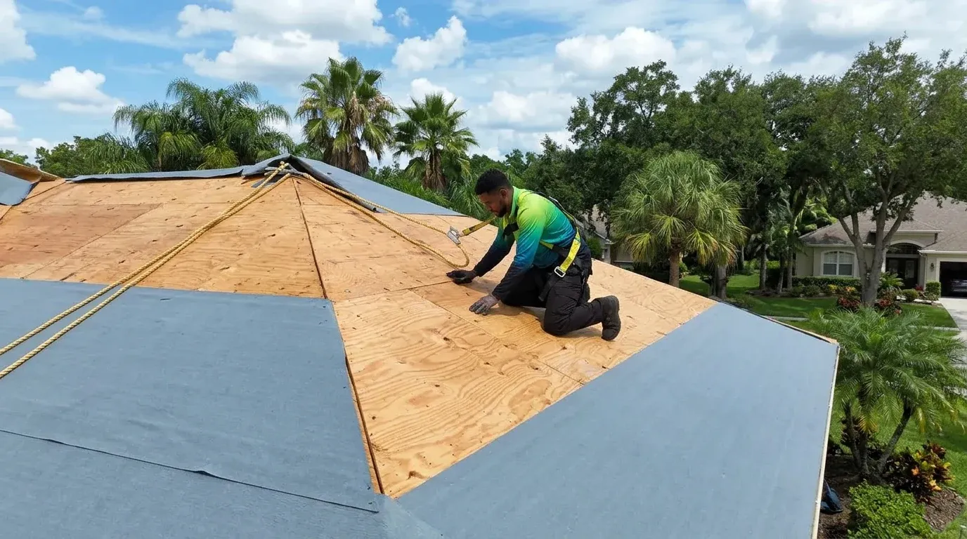 Experienced roofing technicians inspecting exposed wooden roof decking during a full tear-off in Tampa