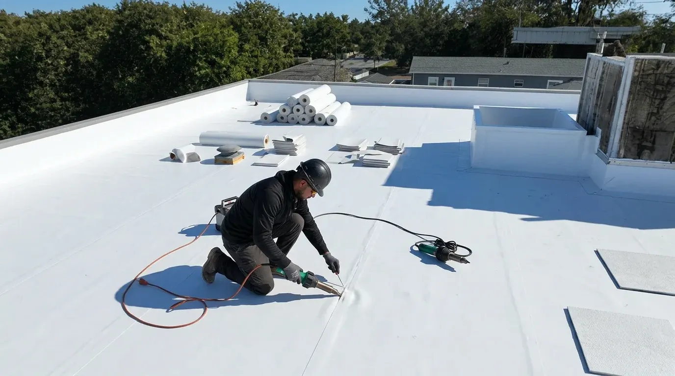 Commercial roofing crew heat welding seams on a white TPO flat roof in Tampa