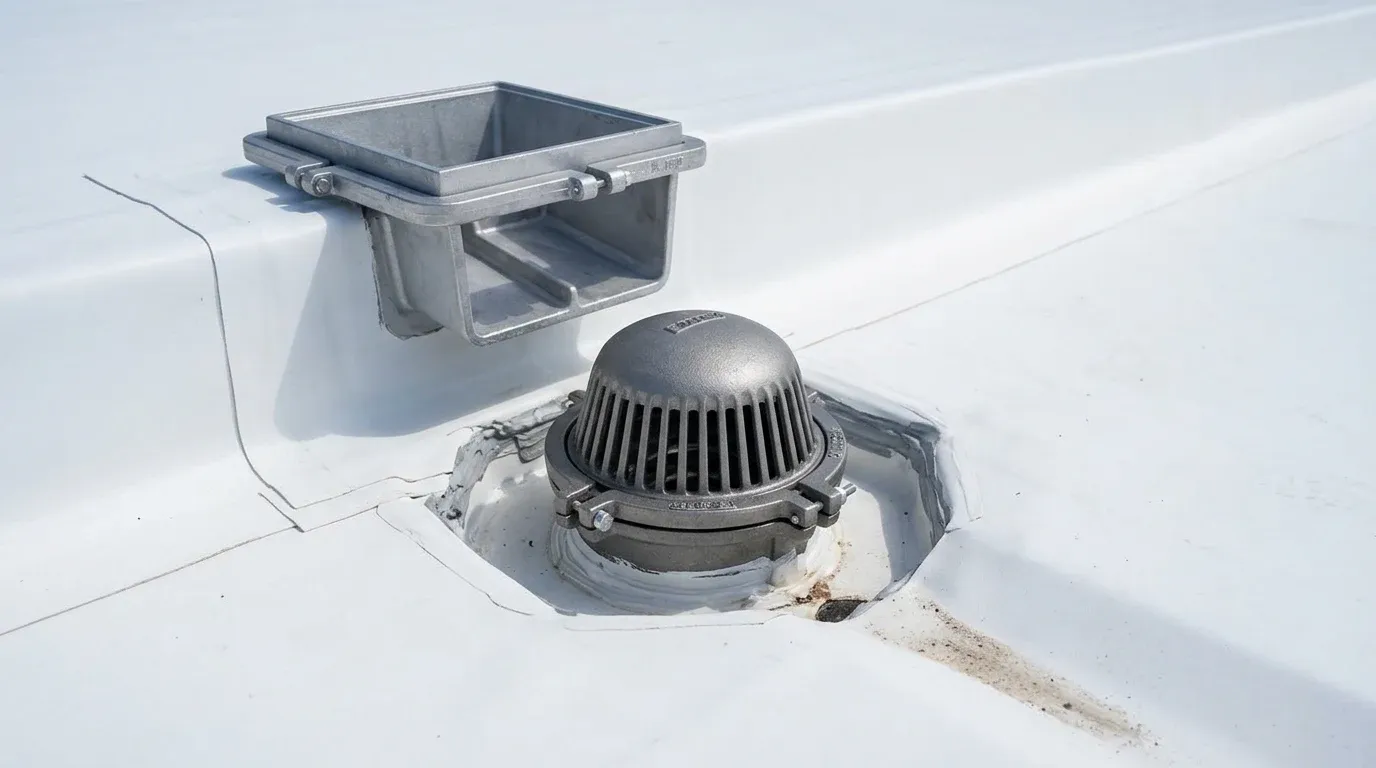Commercial roofing technician clearing drainage scuppers and inspecting parapet wall flashing