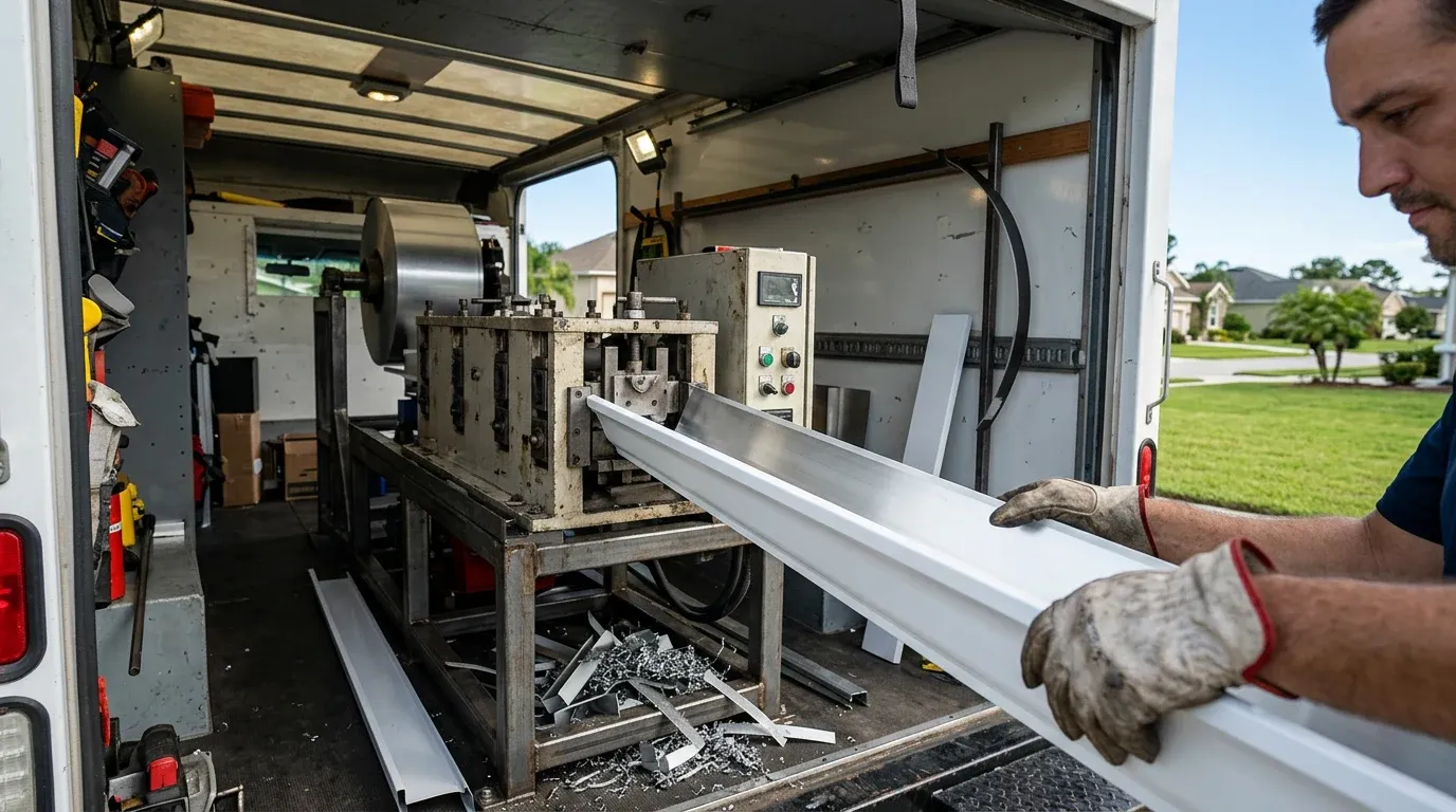 Mobile roll forming machine fabricating custom seamless aluminum gutters on-site in Tampa