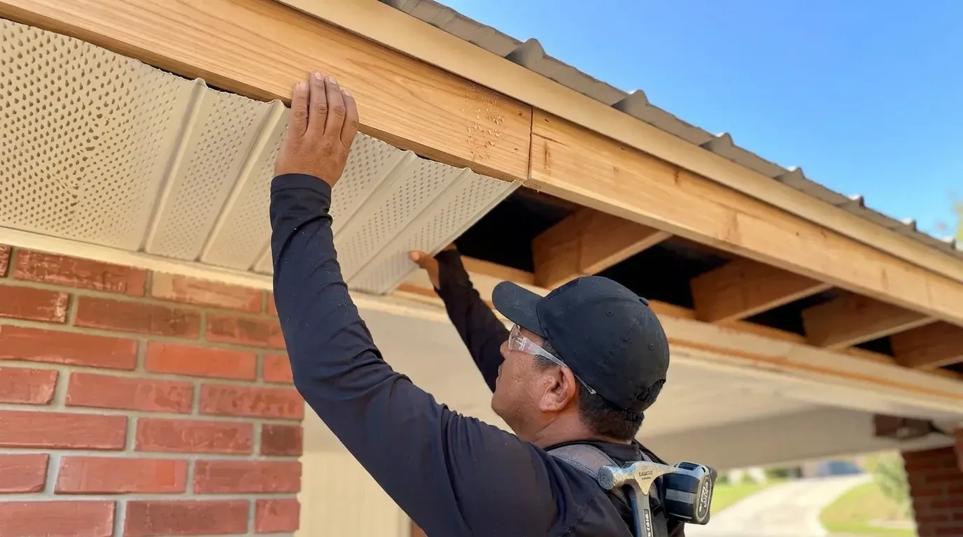Professional technician replacing rotted wood fascia and installing ventilated aluminum soffit panels