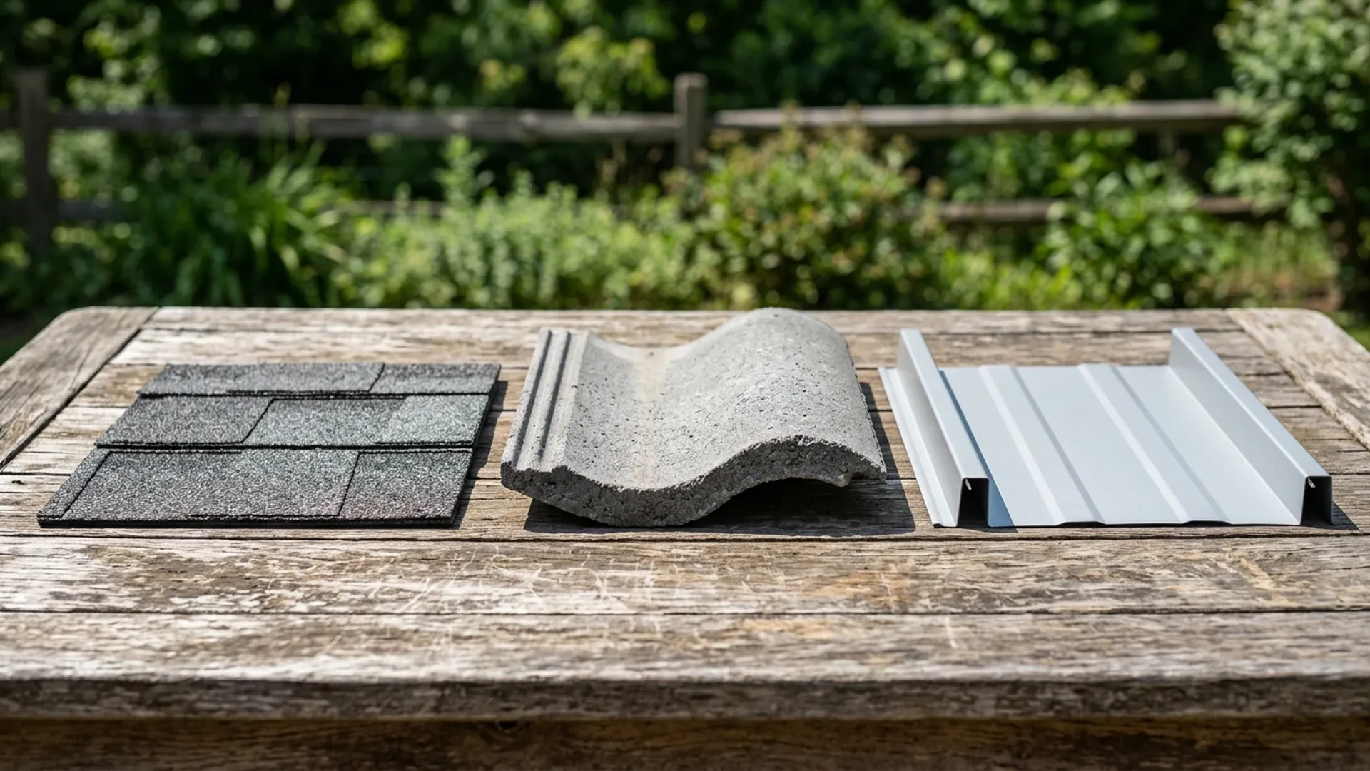 Three roofing samples on a wooden table: an architectural asphalt shingle, a curved concrete roof tile and a standing seam metal panel