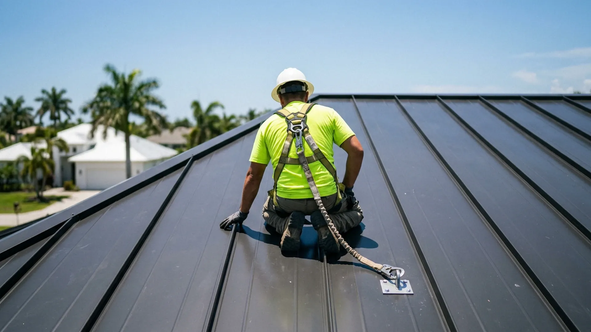 Roofer in a harness kneeling on a dark standing seam metal roof, lanyard running to a roof anchor and a gloved hand resting beside a raised seam