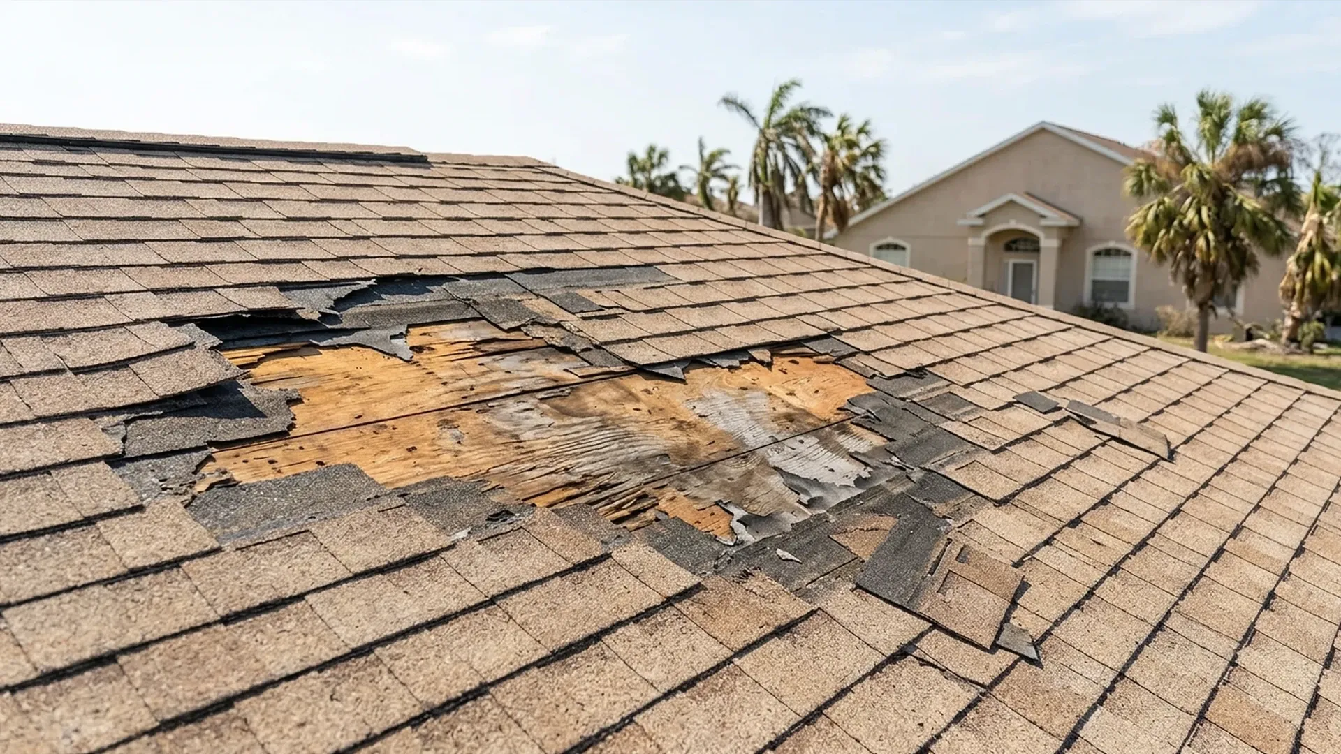 Missing shingles and exposed roof deck after a Florida storm before a temporary tarp is installed