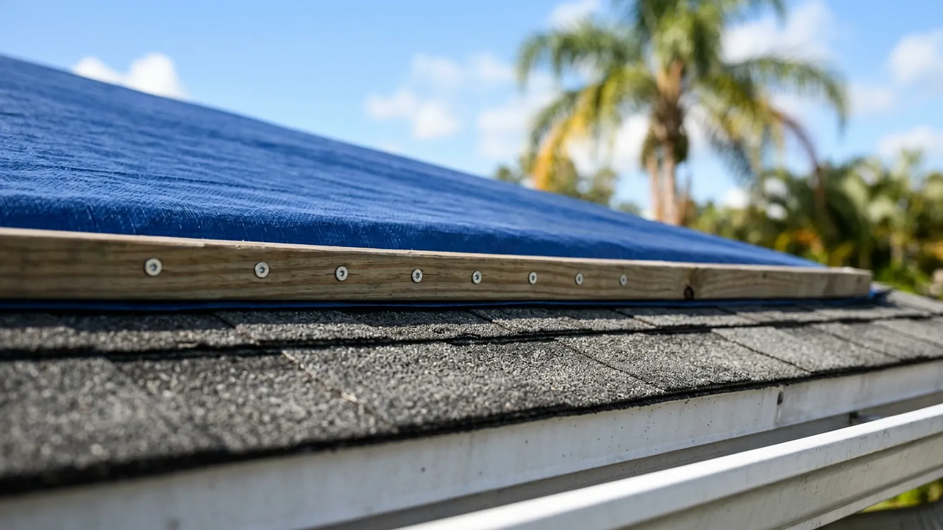 Blue tarp edge held down by a wooden batten fastened with silver screws on a shingle roof