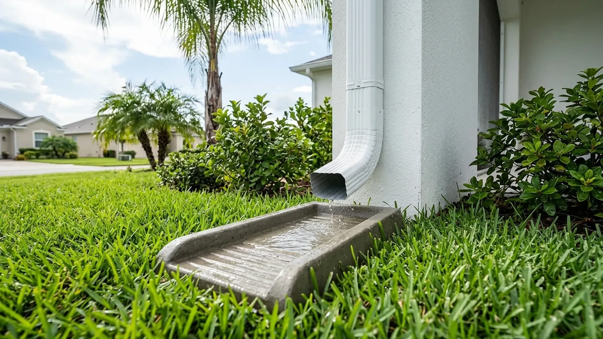 Downspout on a white stucco Florida home discharging onto a splash block over a green lawn