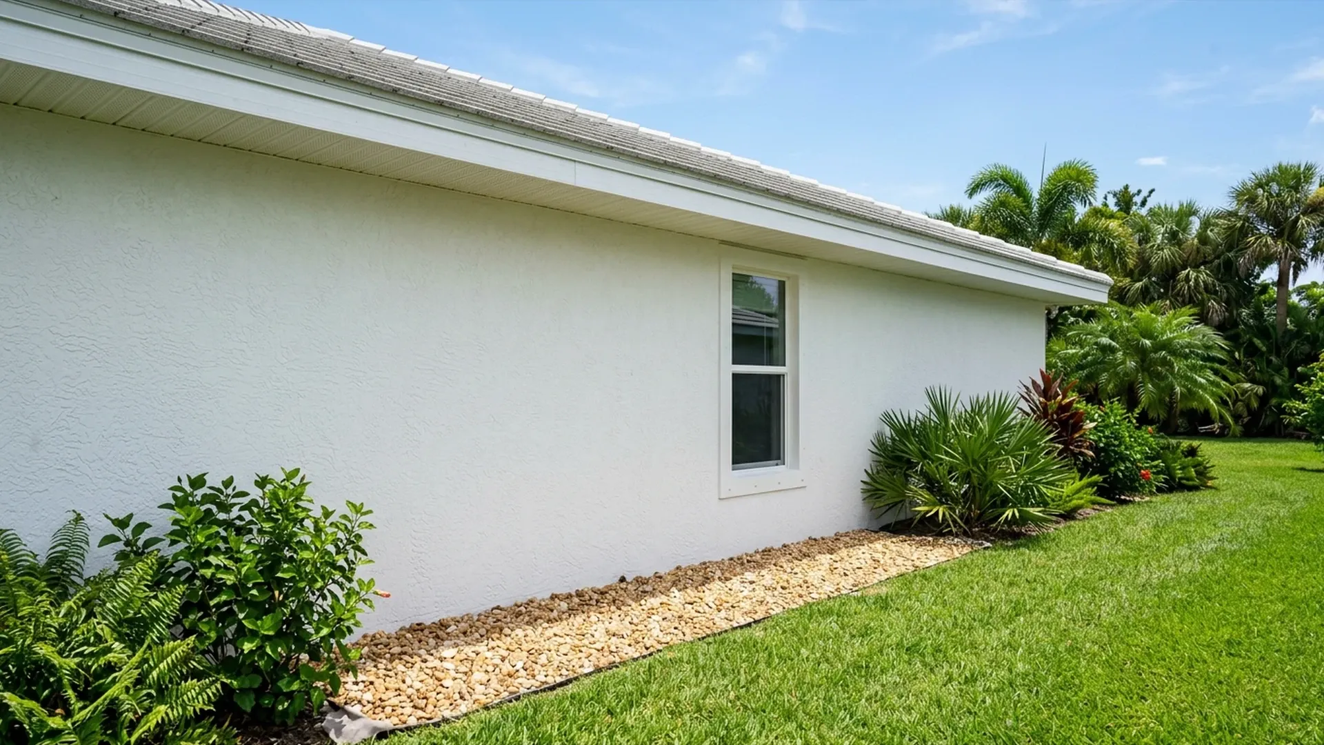 Eave without a gutter above a dry gravel drip line along the foundation of a Florida home