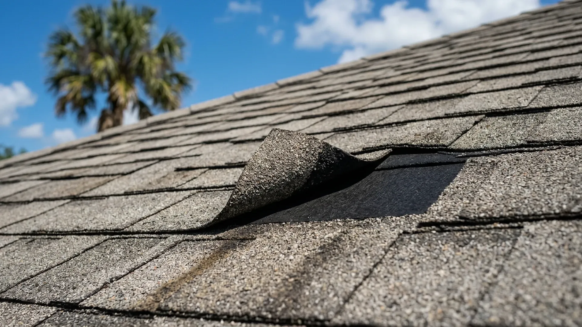 Close-up of one lifted asphalt shingle tab exposing flat black underlayment on a weathered shingle roof, with a palm tree and blue sky behind