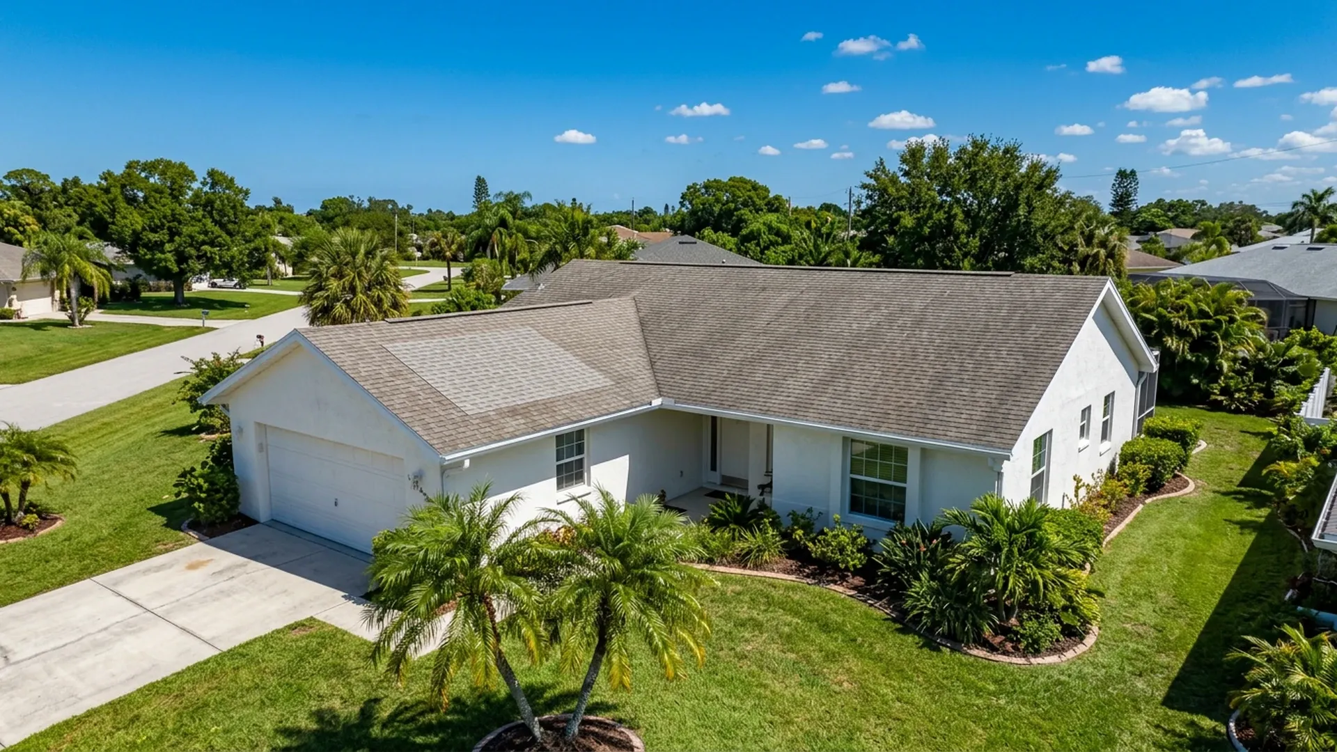 Aerial view of a single-story white stucco home whose weathered gray shingle roof has one lighter repaired section
