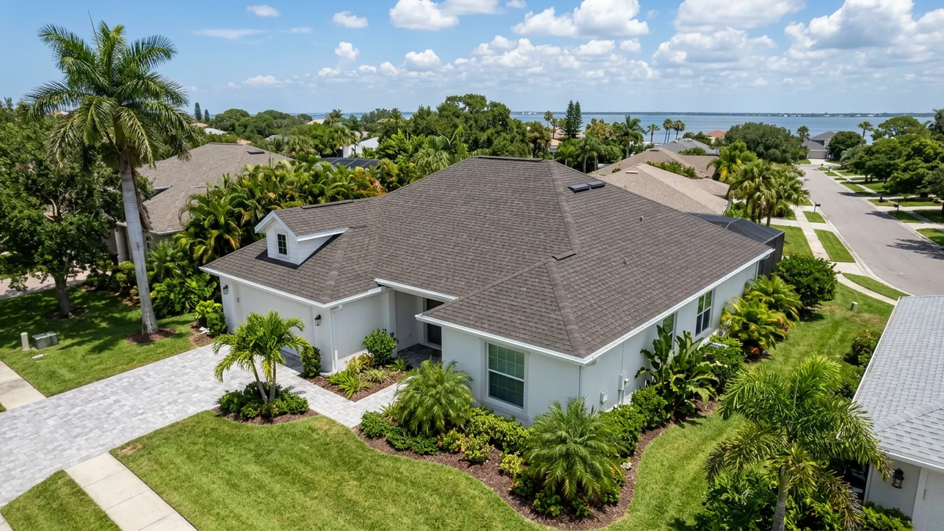 Elevated view of a white stucco Florida home with a new architectural shingle hip roof and a small dormer, a paver driveway, palm trees, a bay on the horizon and many white clouds in a blue sky