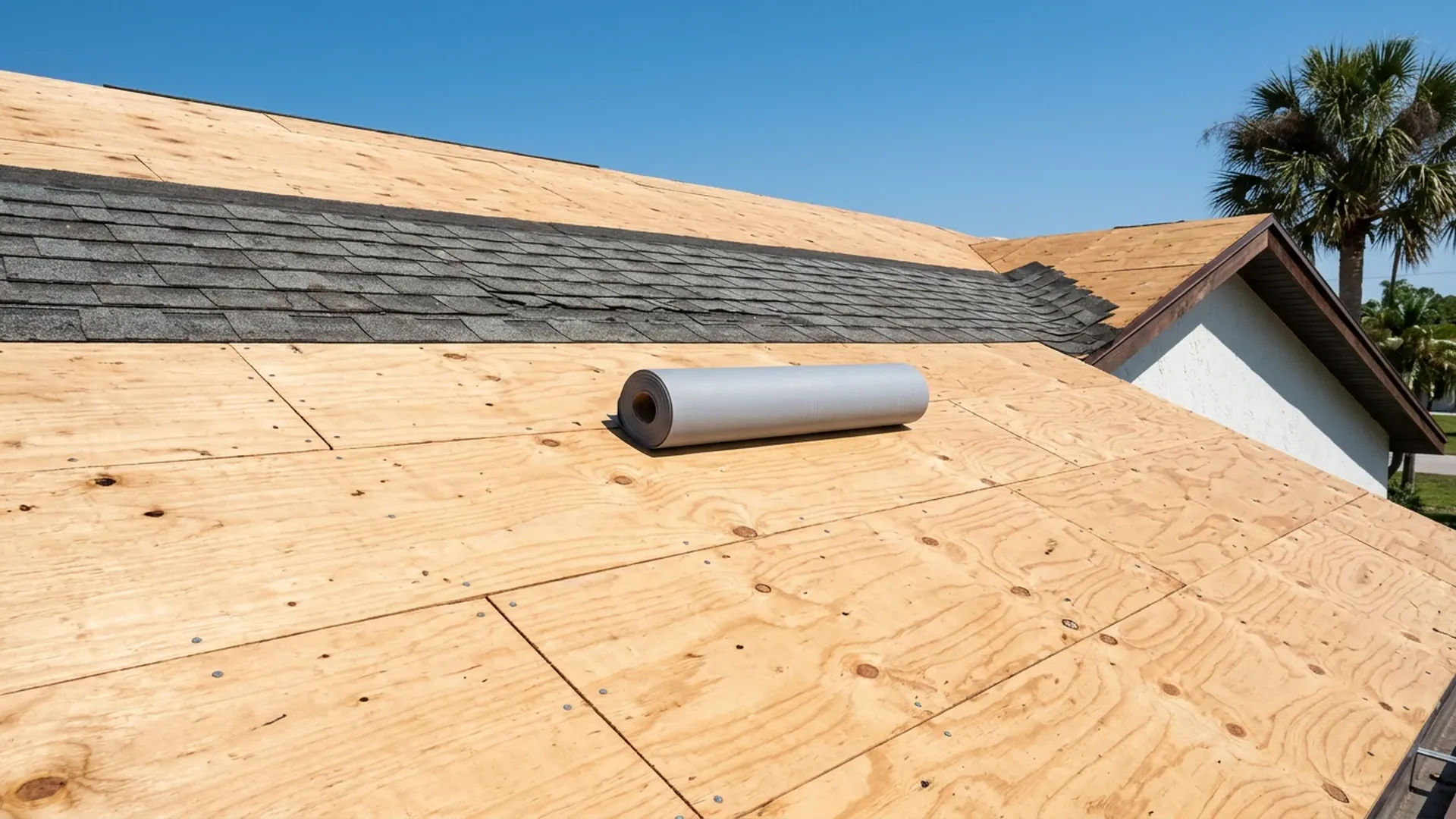 Bare plywood roof decking on a Florida home with a band of old shingles left across it, torn and uneven at the right end, and a roll of gray underlayment lying on the deck, palm tree and blue sky in the background