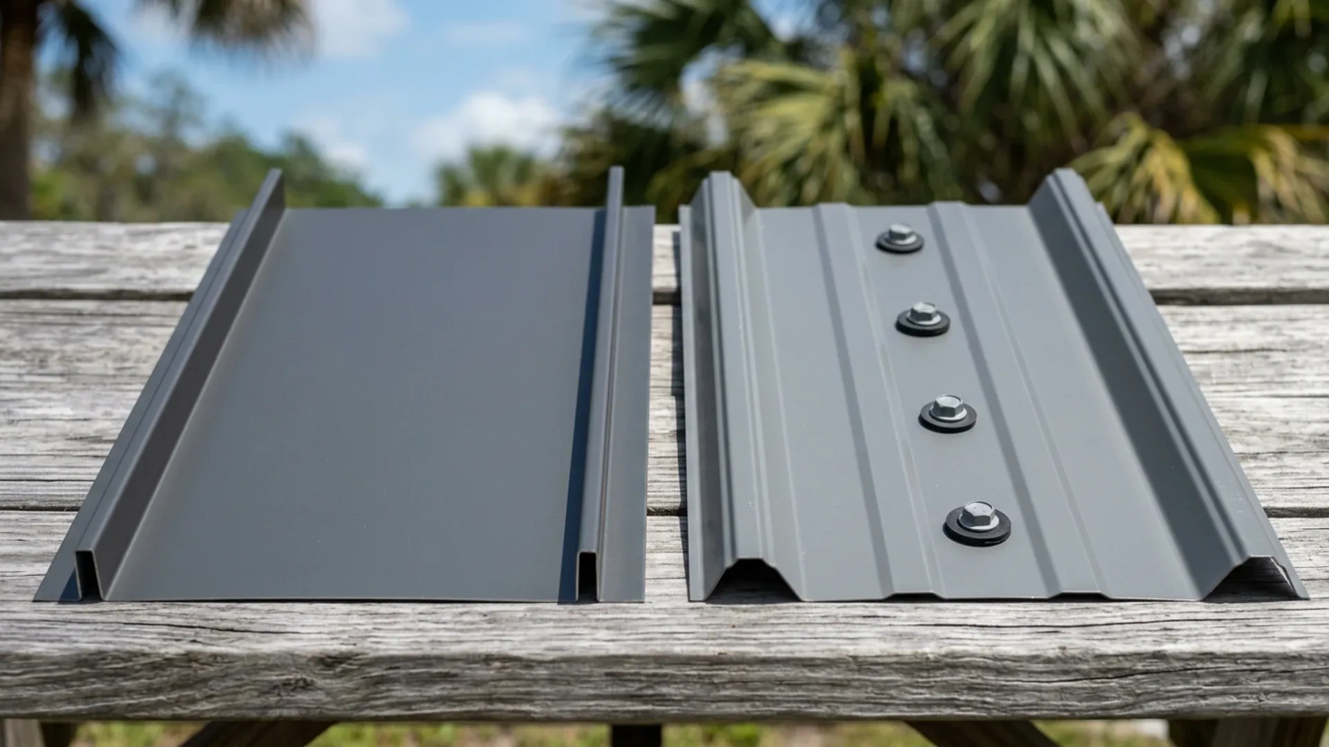 Standing seam metal panel with raised seams beside a gray ribbed exposed fastener panel with a column of hex head screws on black rubber washers, laid side by side on a weathered wooden table with palm fronds blurred behind