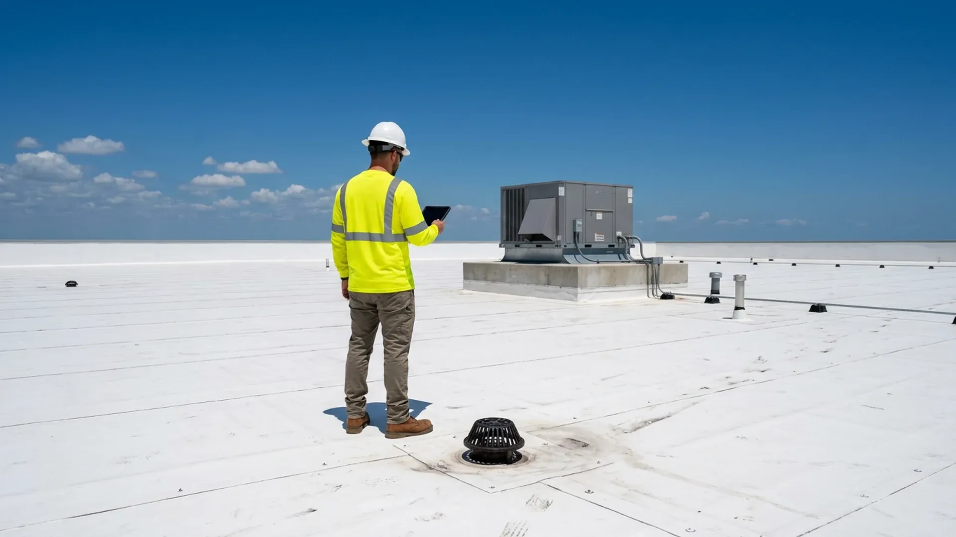 Worker in a hard hat and hi-vis shirt, seen mostly from behind and holding a tablet, standing in the middle of a large flat white commercial roof and looking toward a rooftop HVAC unit on a curb, with a roof drain near his boots