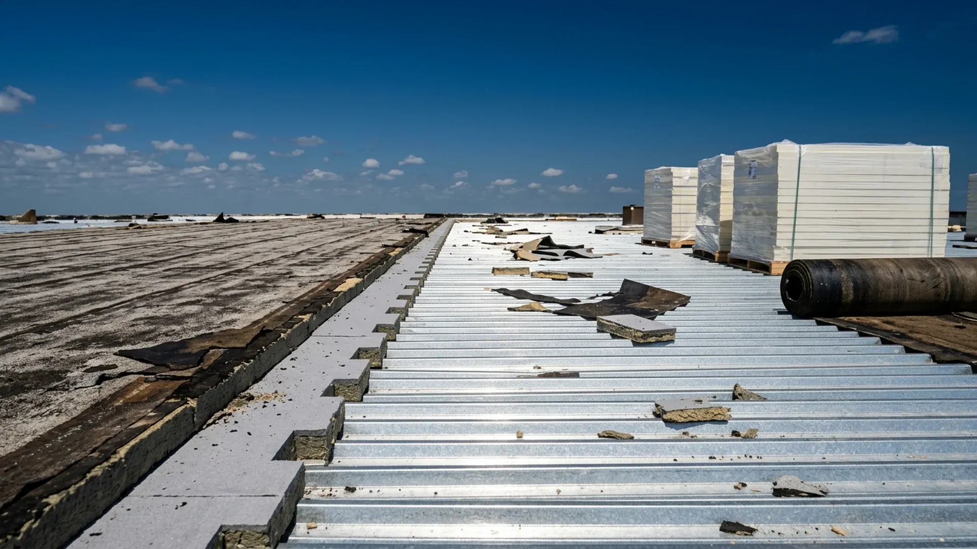 Commercial flat roof mid tear-off with a stepped cut edge showing old membrane, insulation board and the exposed corrugated metal deck, with pallets of new insulation boards, scraps of old roofing and no one on the roof