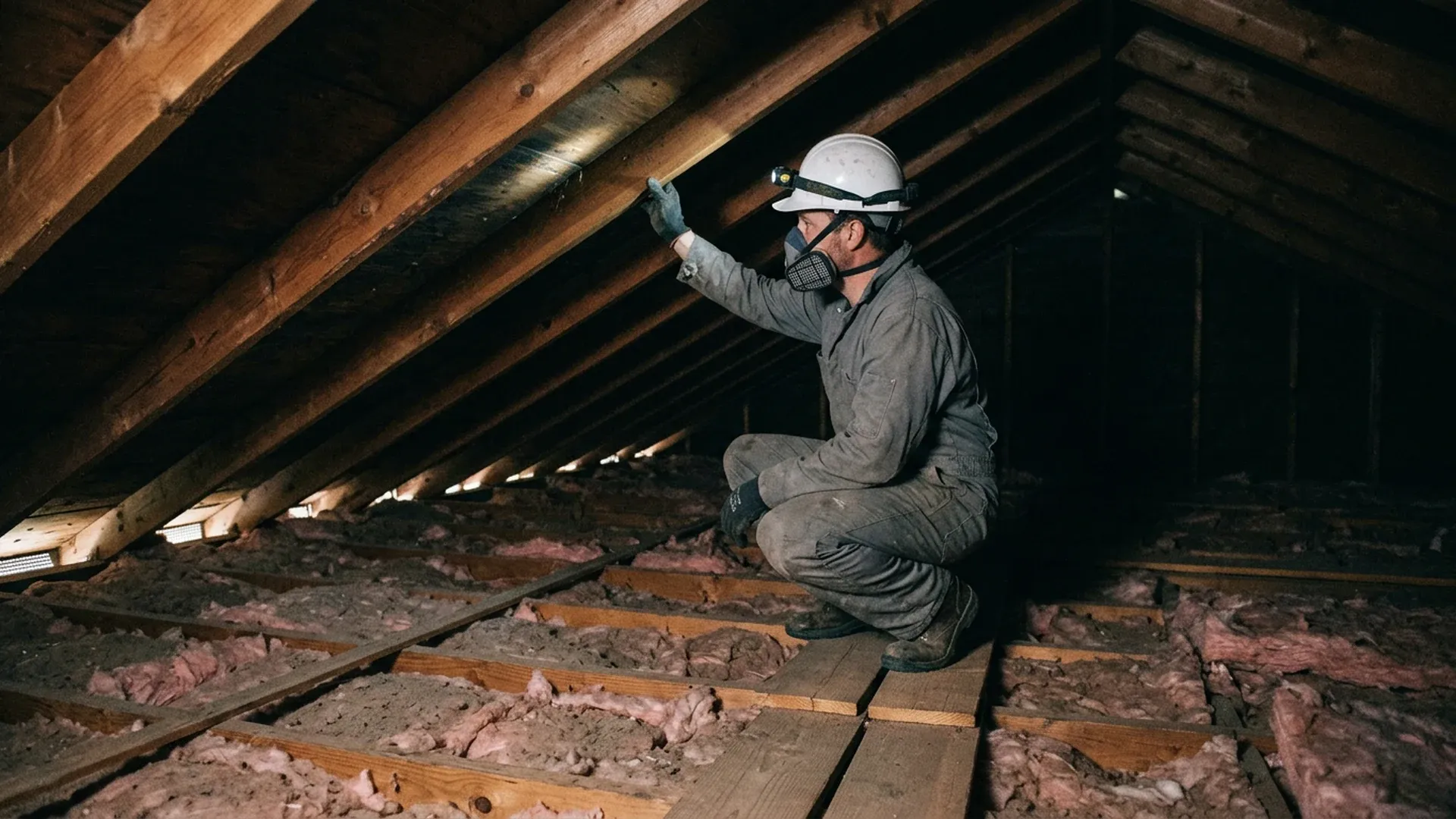 Person in a respirator, hard hat and headlamp crouching on boards across the joists inside an attic, reaching toward the rafters and roof sheathing