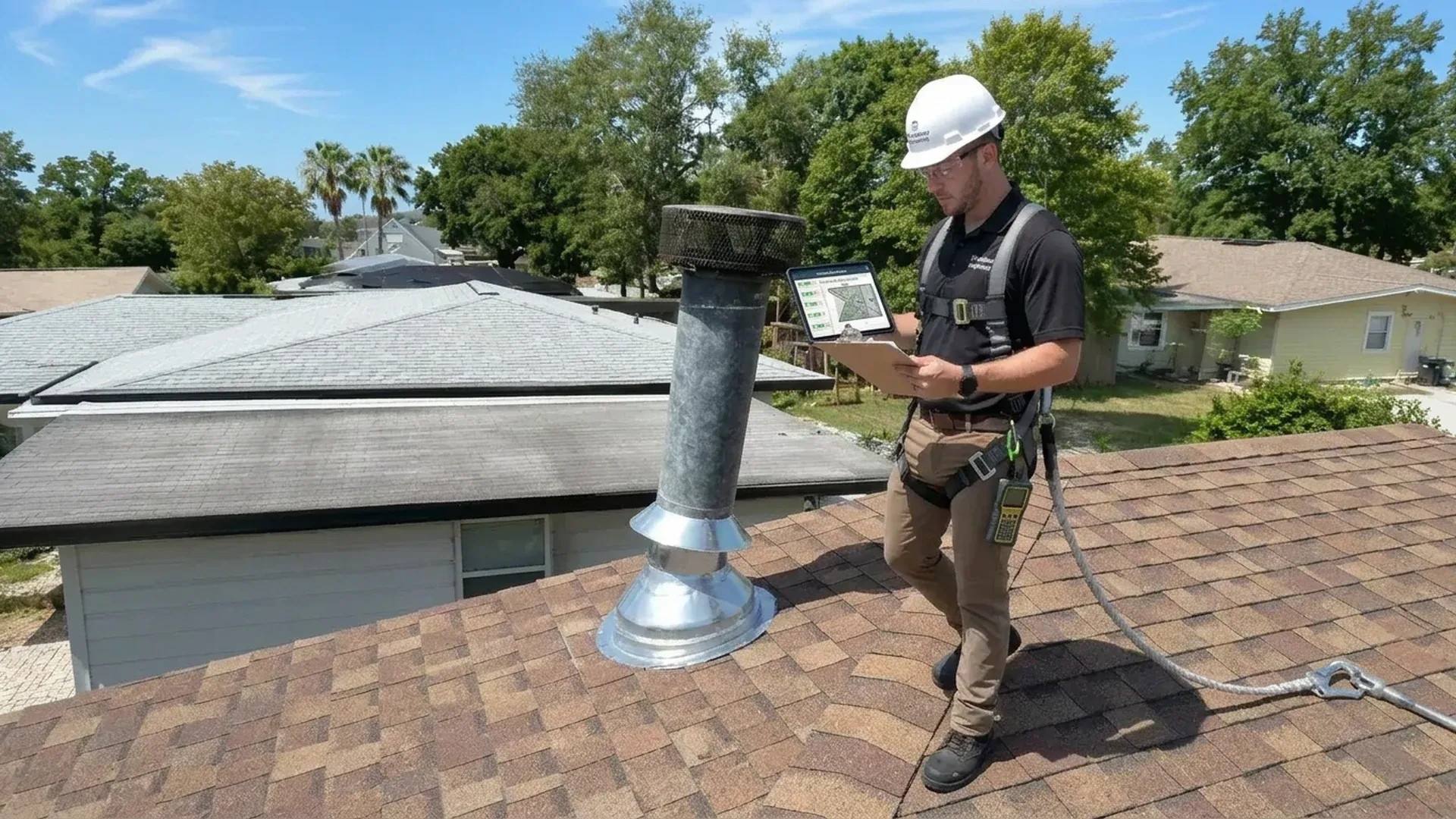 Man in a white hard hat, safety glasses and a fall protection harness, tied off to a roof anchor, standing on a brown asphalt shingle roof beside a metal vent pipe and looking down at a clipboard with a tablet, with single-story houses and palm trees in the background