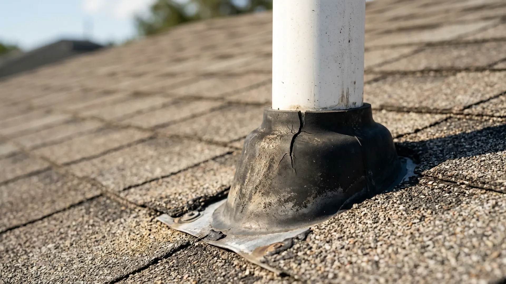 Close view of a plumbing vent pipe boot and flashing on an asphalt shingle roof in Florida showing a cracked rubber collar