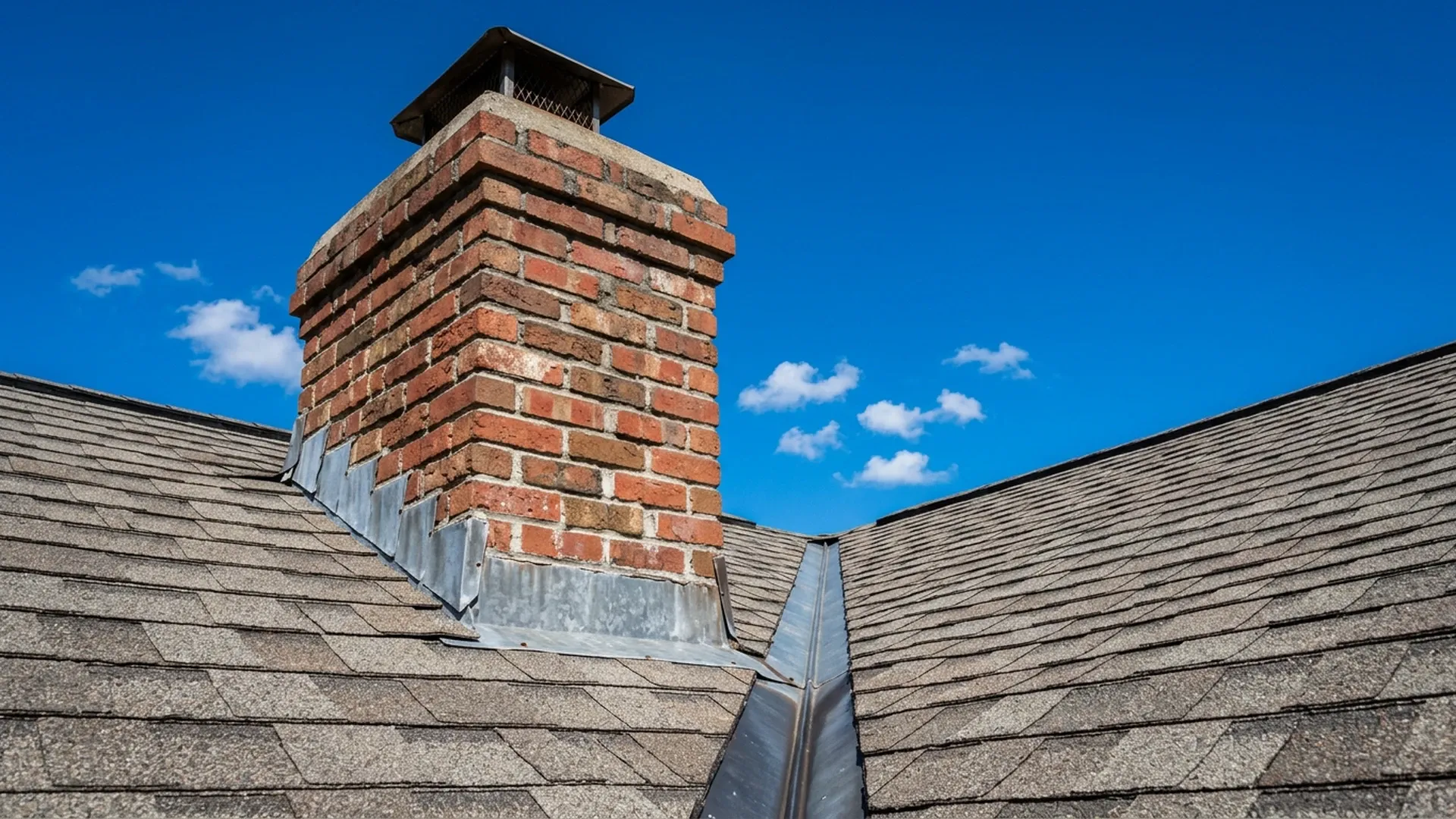 Chimney step flashing and a roof valley on a Florida shingle roof seen against a blue sky