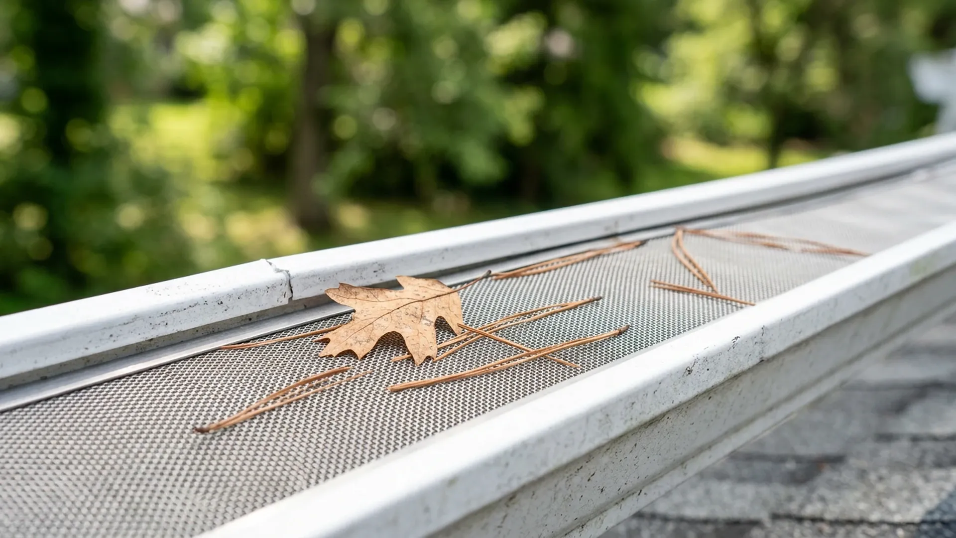 Close-up of a fine mesh gutter guard on an aluminum gutter with a few pine needles resting on top