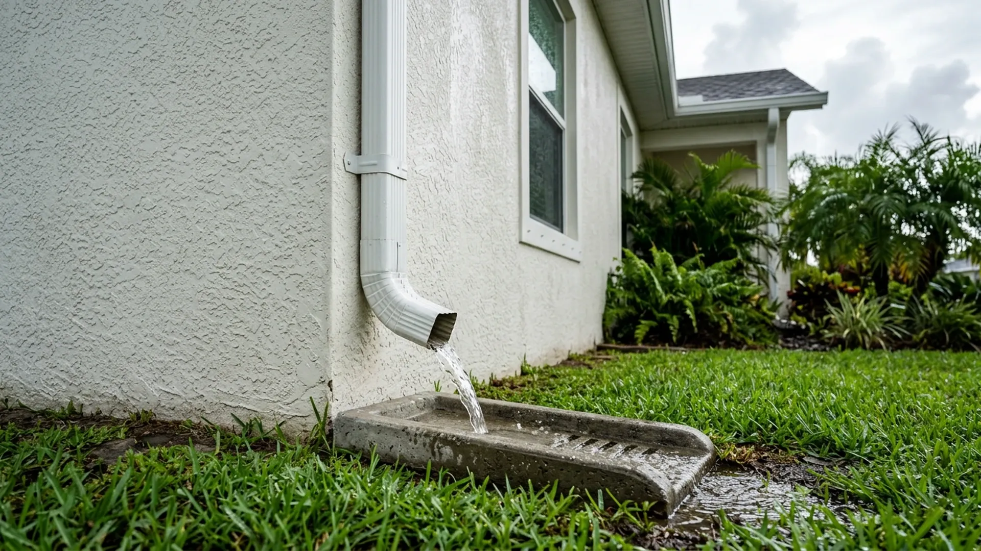 Downspout on a stucco wall discharging rainwater onto a splash block after a heavy rain shower
