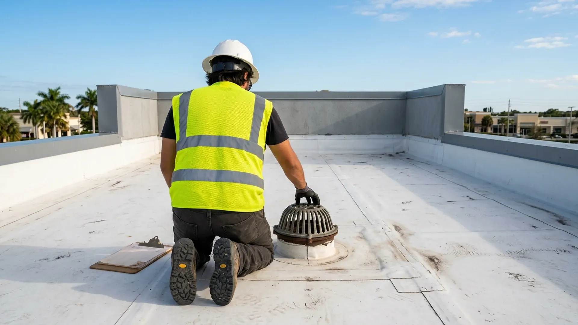 Facility worker seen from behind kneeling at a commercial roof drain with a clipboard while checking the drain bowl and the membrane around it