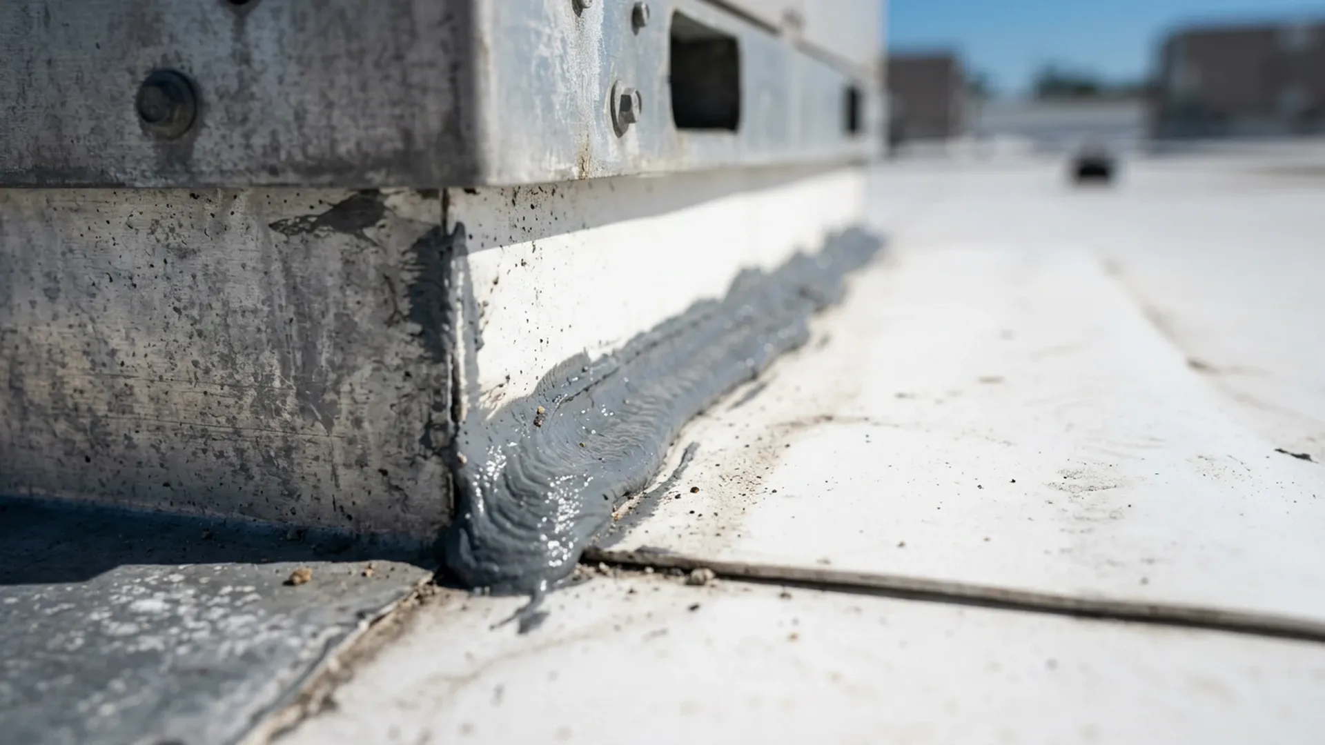 Close view of sealant and flashing at the base of a rooftop unit curb on a commercial flat roof