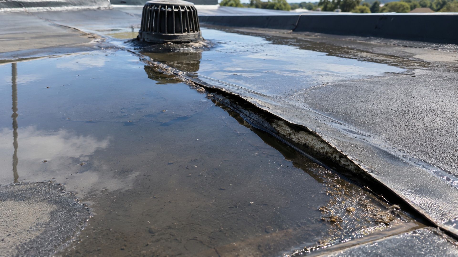 Commercial roofing crew repairing a membrane roof section in Tampa