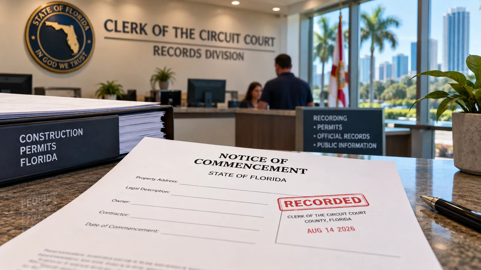 Notice of commencement Florida form recorded at the county clerk's office before construction starts