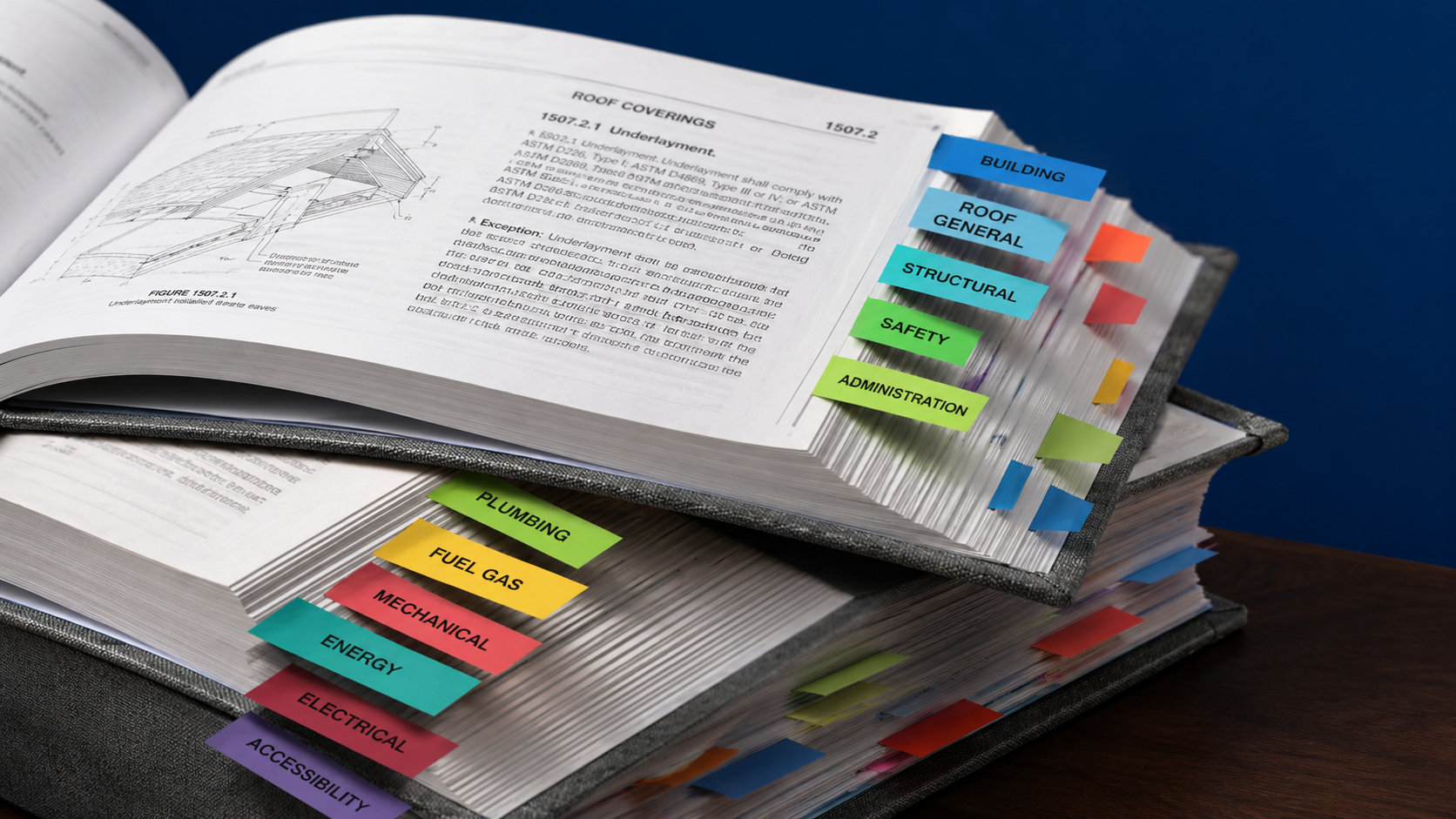 Tabbed Florida Building Code books organized with color-coded labels for the roofing contractor exam Tabbed Florida Building Code books organized with color-coded labels for the roofing contractor exam