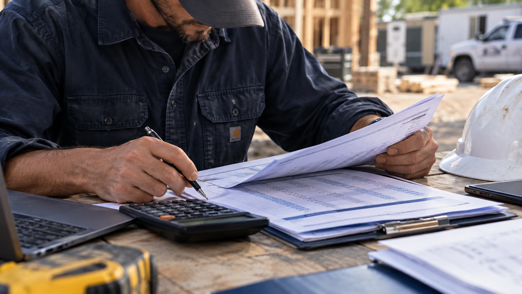 Contractor calculating current ratio and quick ratio using a balance sheet and calculator for the Florida contractor exam Contractor calculating current ratio and quick ratio using a balance sheet and calculator for the Florida contractor exam