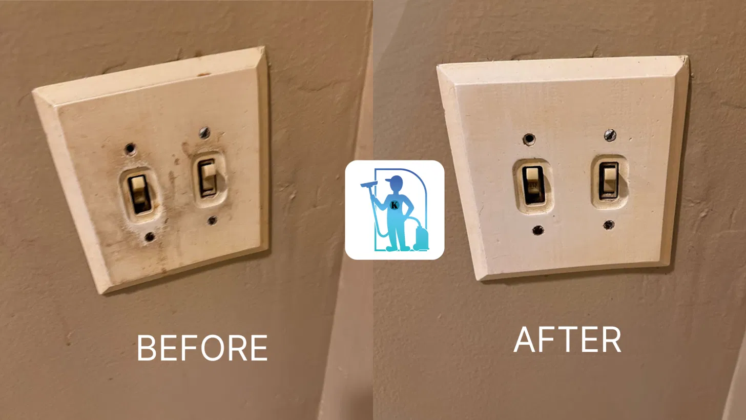 Before and after construction dust removal on a light switch by Kay's Cleaning Services Before and after construction dust removal on a light switch by Kay's Cleaning Services