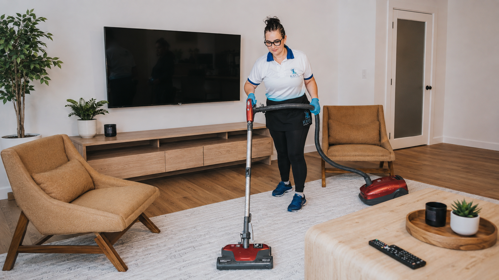 Kay's Cleaning Services team member vacuuming during post construction cleaning in Wesley Chapel FL Kay's Cleaning Services team member vacuuming during post construction cleaning in Wesley Chapel FL