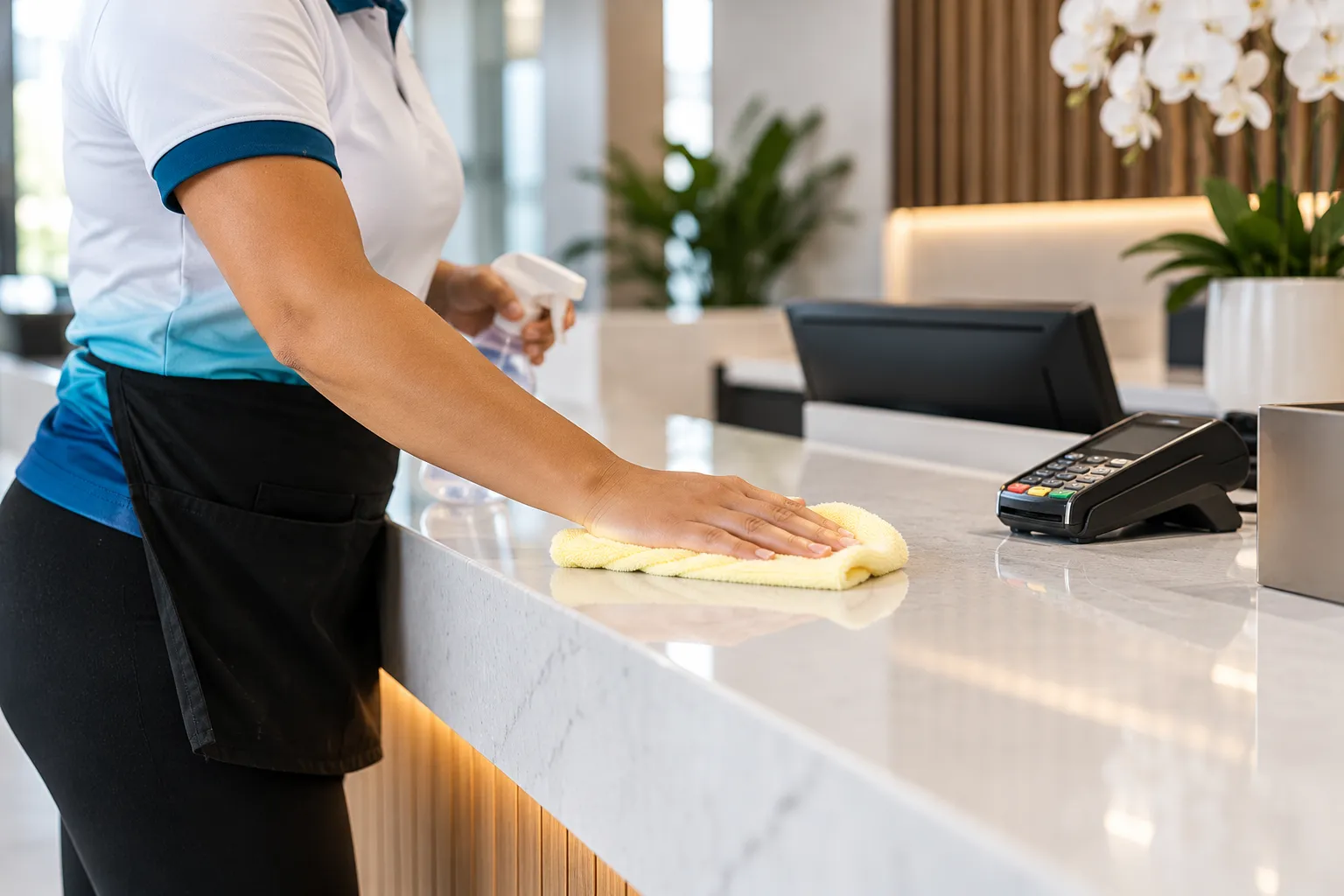 Professional disinfecting high-touch surfaces in a commercial space