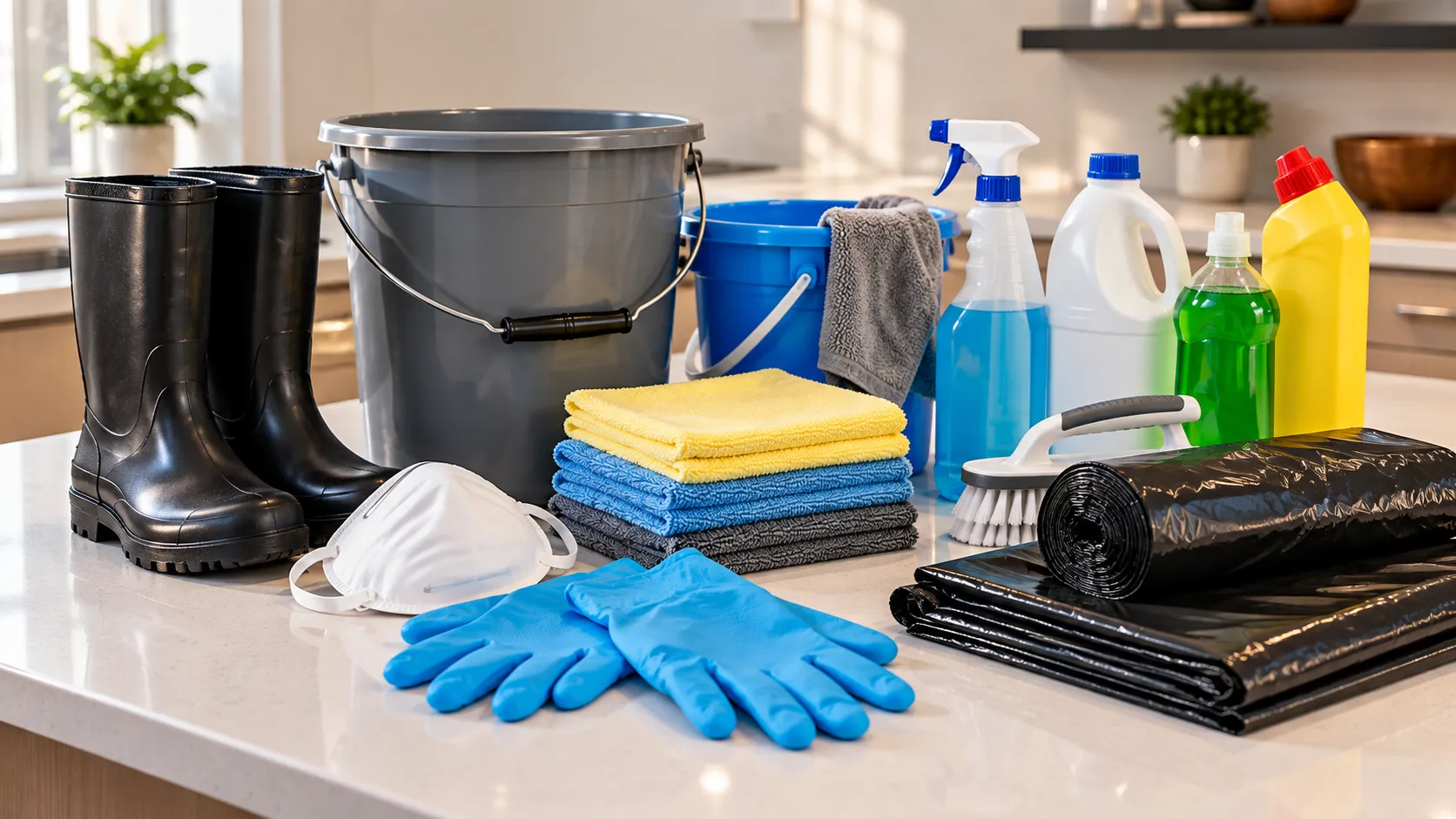 Hurricane cleaning supplies including gloves, masks, buckets and disinfectants