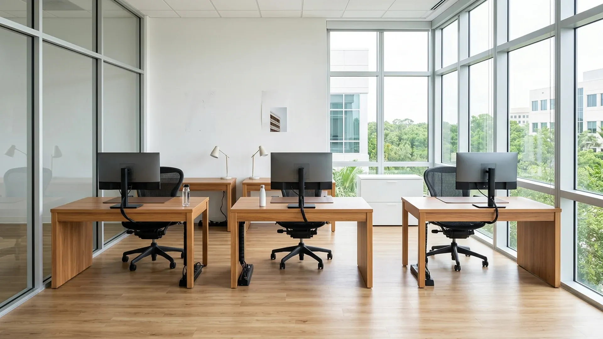 Bright modern office with clean wooden desks, black mesh chairs, monitors and a glass partition in daylight.