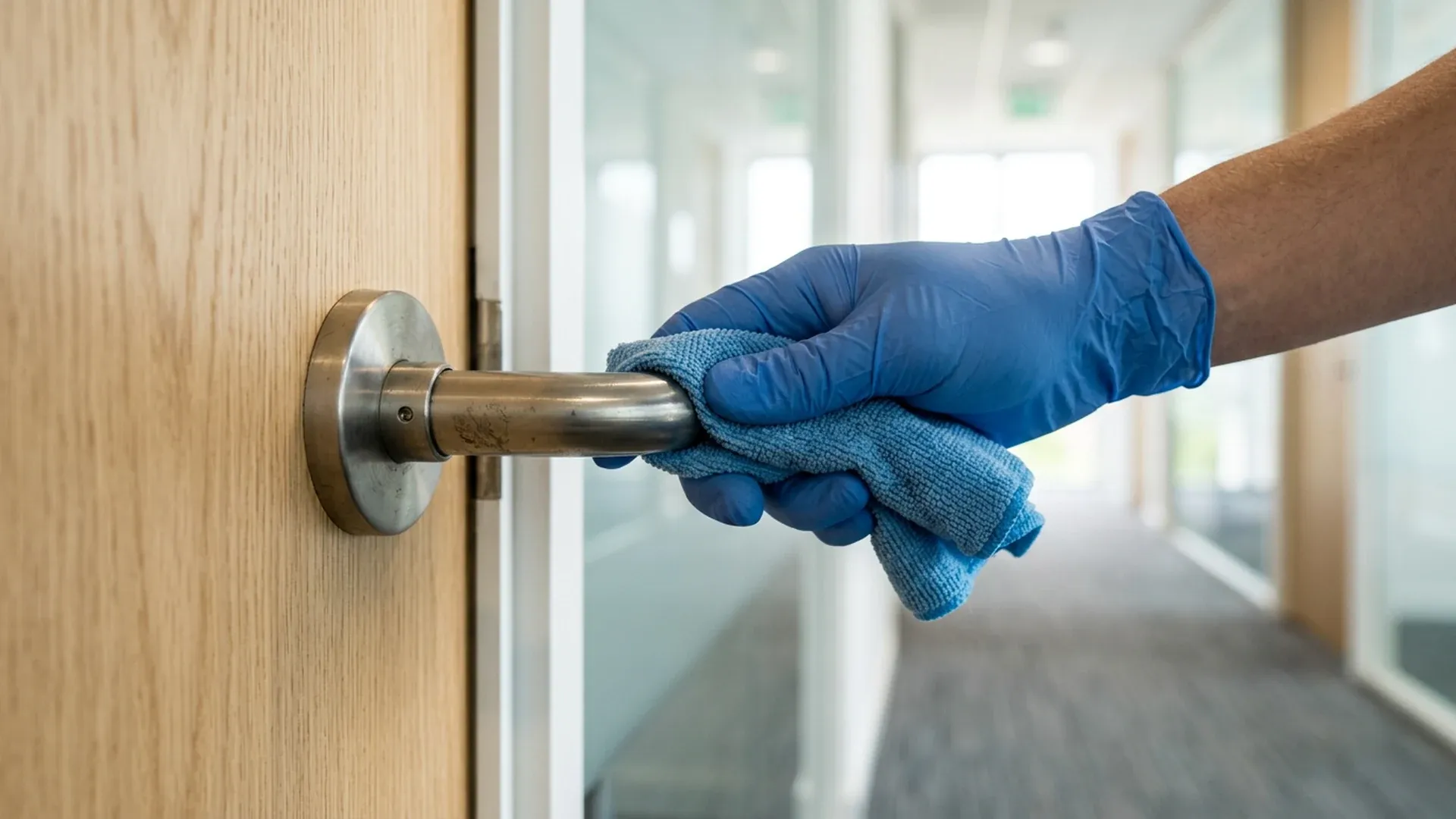Gloved hand wiping a stainless steel office door handle with a blue microfiber cloth.