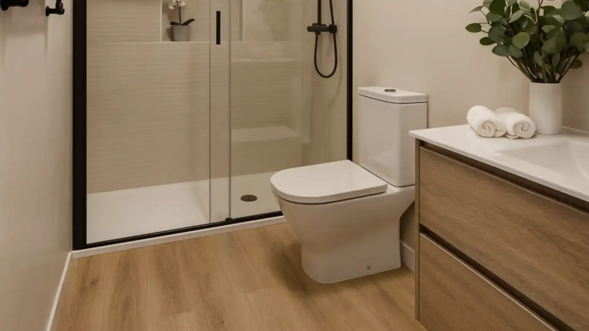 Modern bathroom with wood-look flooring installed by a professional flooring contractor. Modern bathroom with wood-look flooring installed by a professional flooring contractor.
