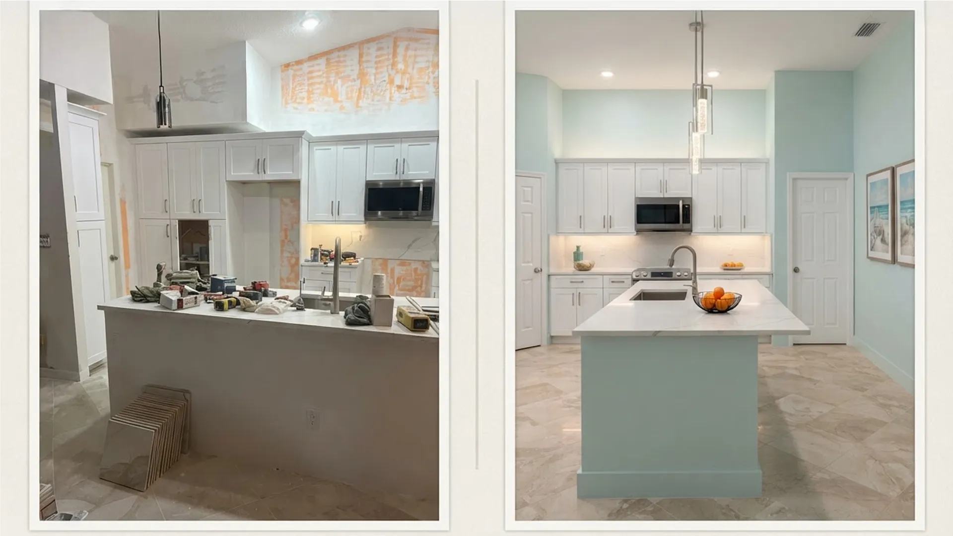 Side by side comparison of a Cape Coral kitchen showing renovation updates versus a full remodel layout change