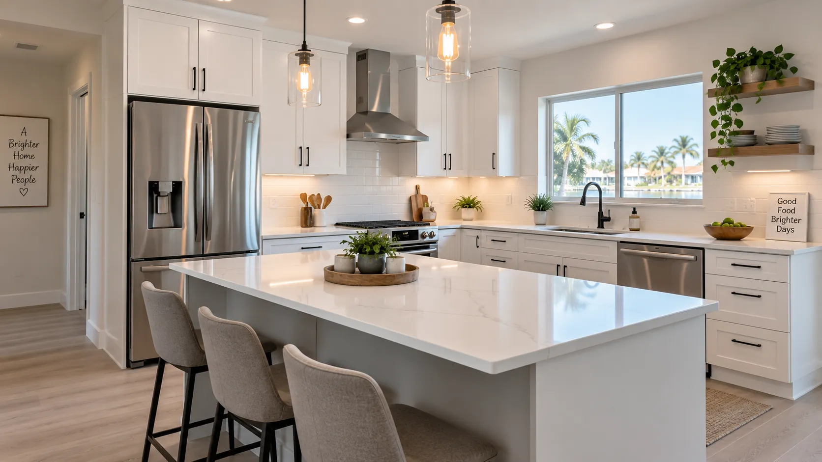 Finished Naples kitchen with new cabinets and countertops reflecting a completed kitchen remodel project