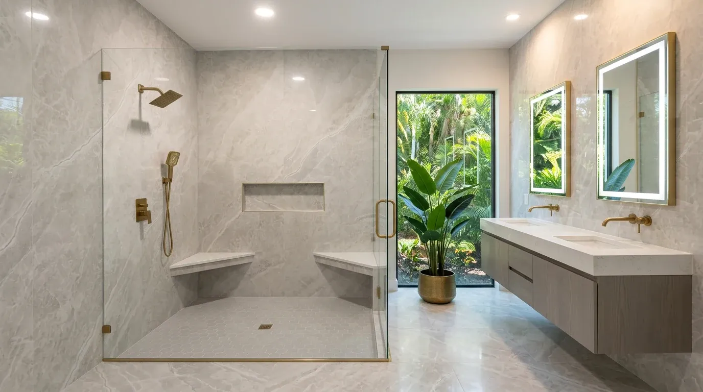 Modern luxury walk-in shower and double vanity bathroom remodel in a Southwest Florida home