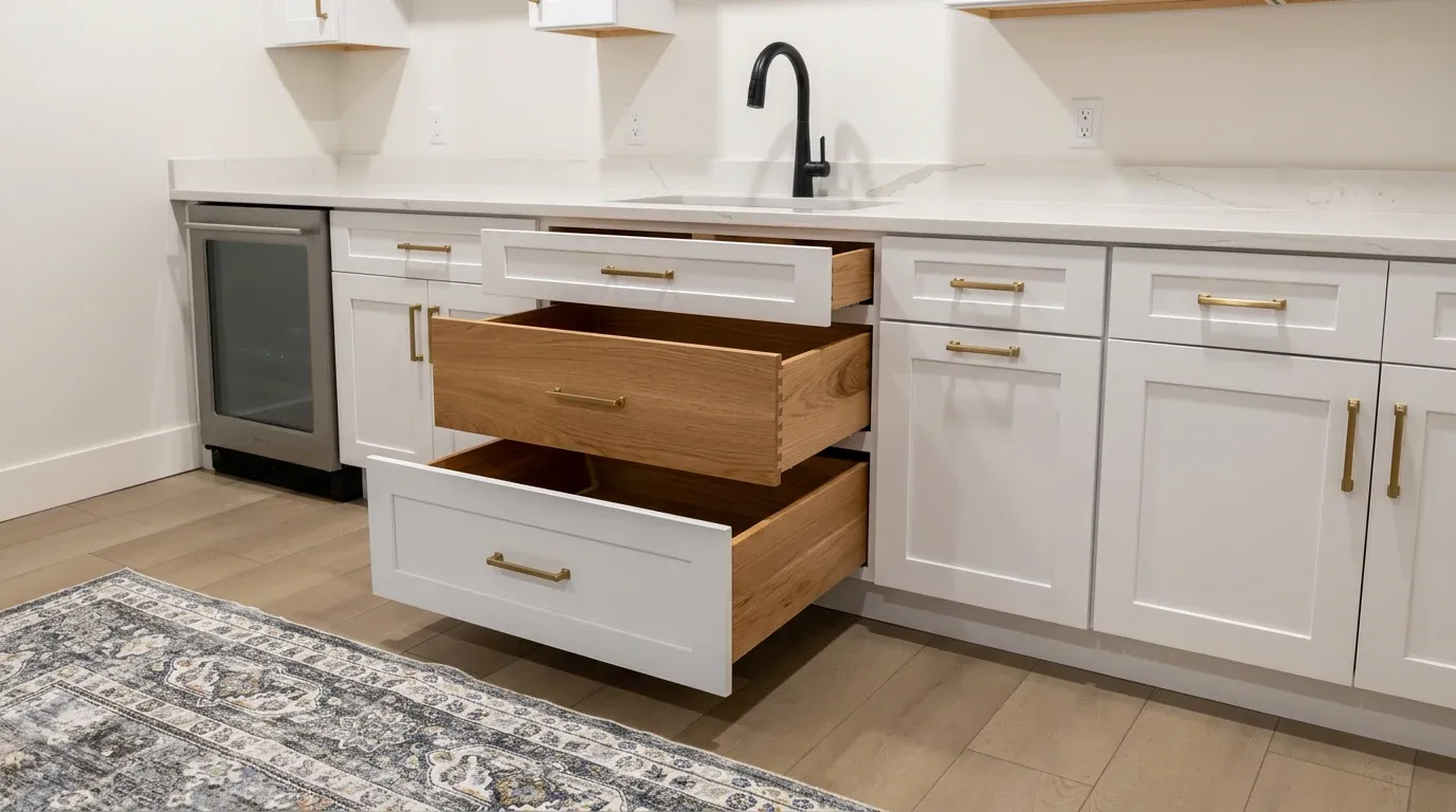 Modern white shaker custom kitchen cabinets with soft close drawers and brushed nickel hardware