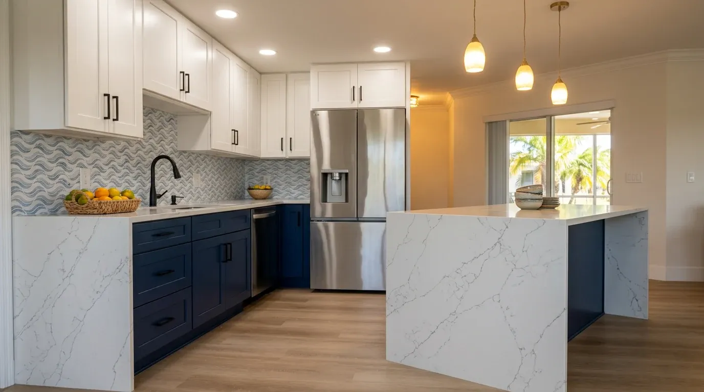 Quartz waterfall island countertop with stylish pendant lighting in an open concept Florida kitchen