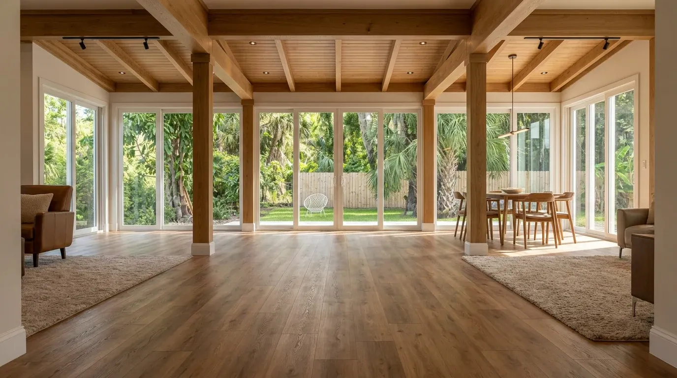 Beautiful wood look luxury vinyl plank flooring installation in an upscale Florida home