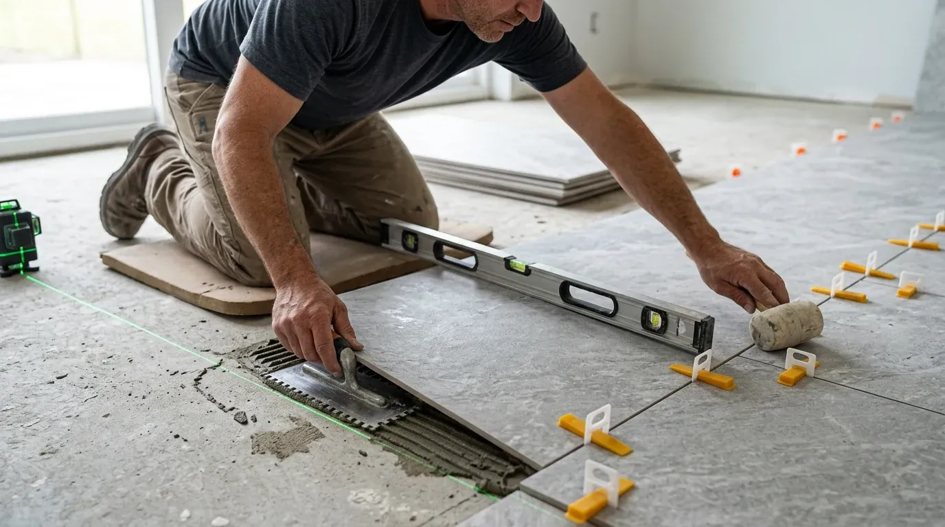 Professional flooring installer laying large format porcelain tile with leveling clips on a concrete subfloor