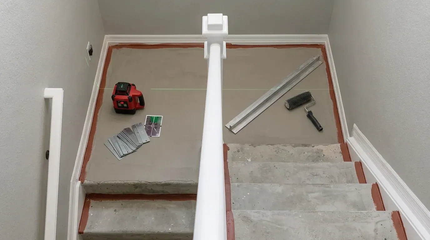 Skilled technician using a concrete grinder and self leveling compound to prepare a smooth subfloor