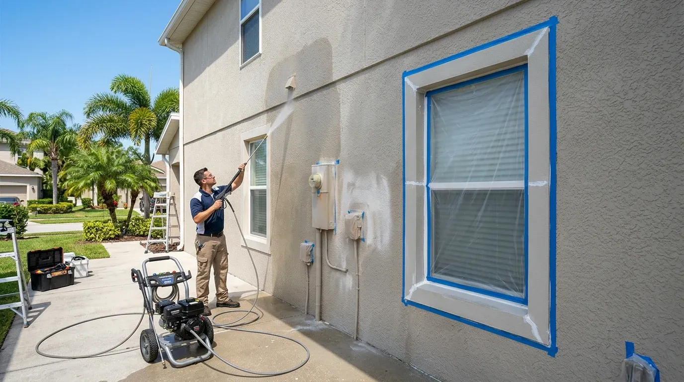 Professional painter pressure washing and caulking hairline stucco cracks on an exterior Florida home