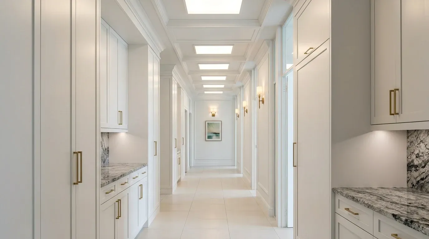 Freshly painted modern white kitchen cabinets with smooth spray finish and brushed gold handles