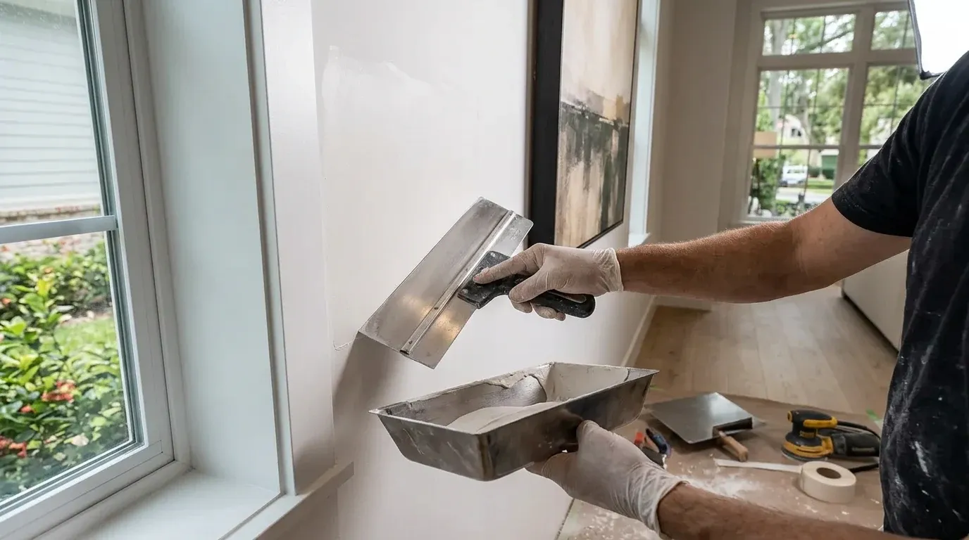 Professional drywall finisher taping and applying joint compound to a smooth interior wall in Southwest Florida